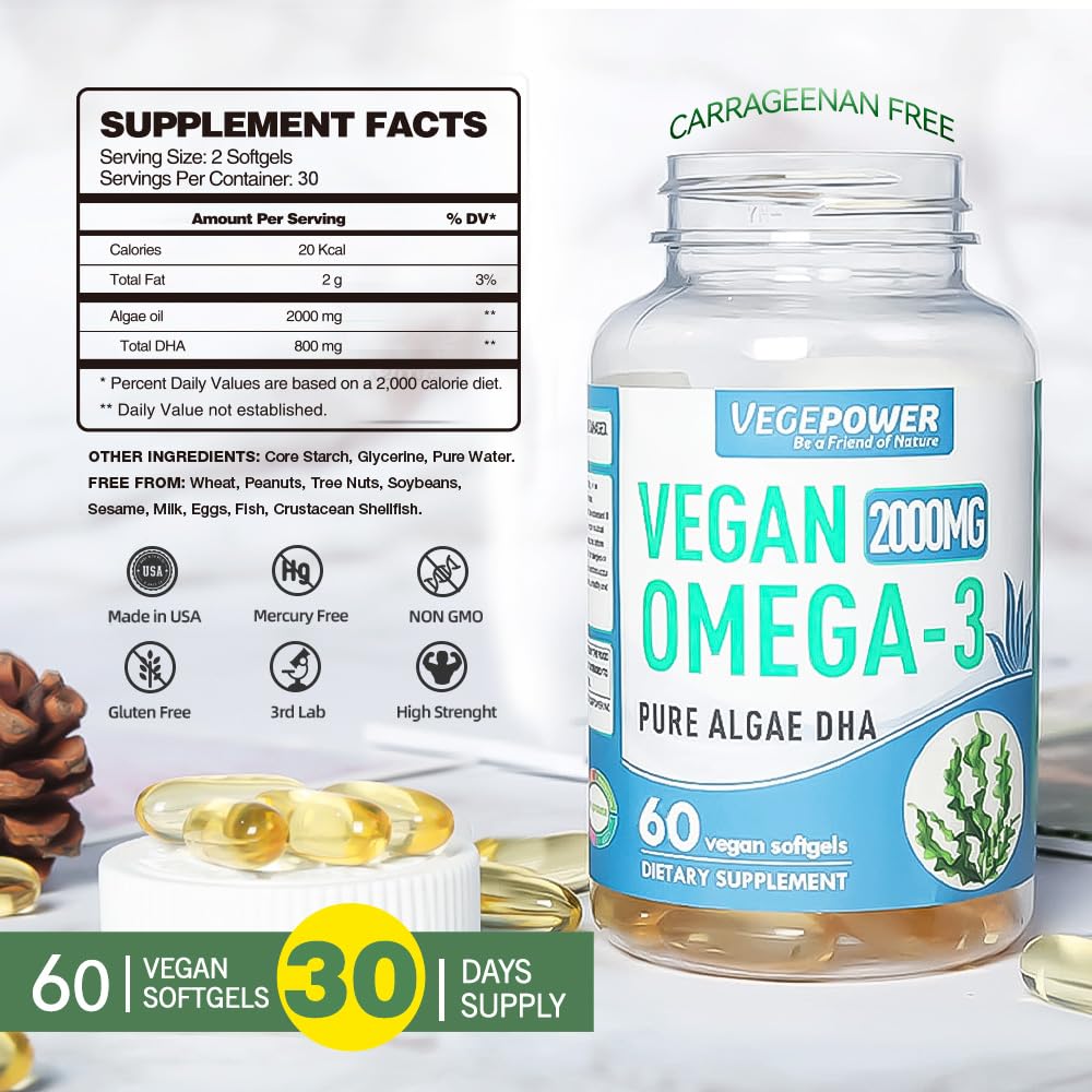 VEGEPOWER Vegan Omega 3 Supplement 800mg DHA Softgels, 60 Count