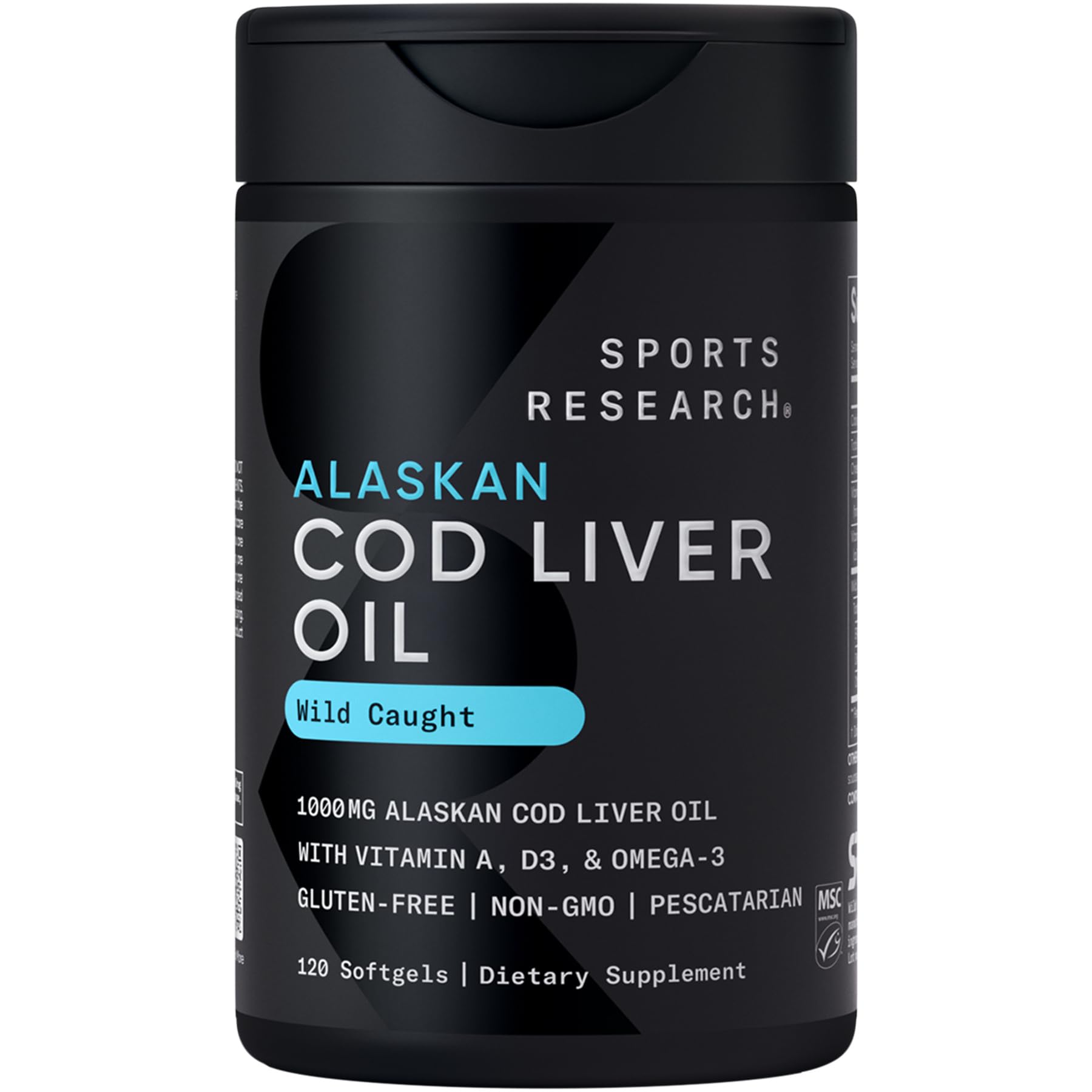 Sports Research Omega-3 Wild Alaskan Cod Liver Oil 1000mg with Vitamins A (1000 IU) & D3 (400 IU) Softgels 120