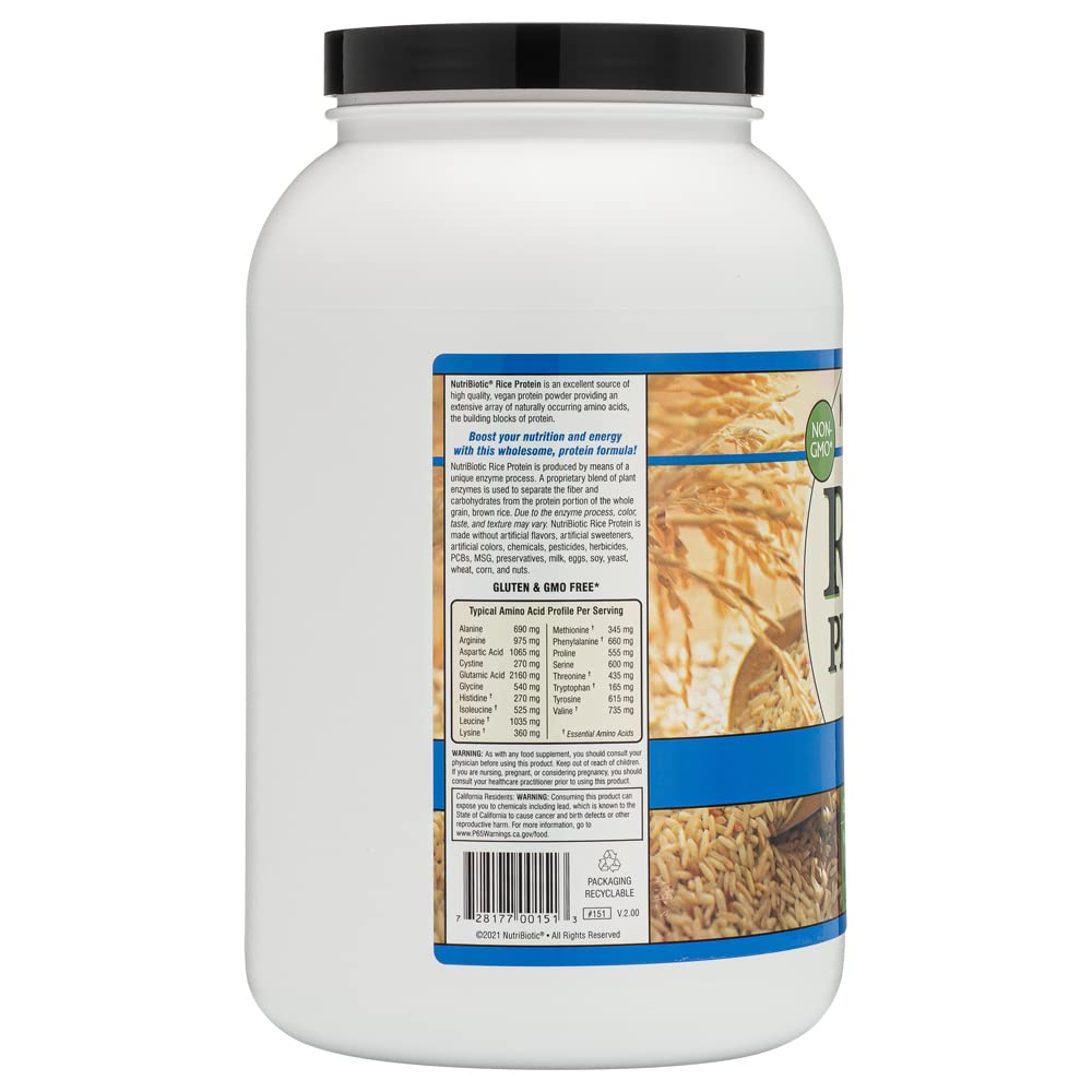 NutriBiotic Plain Rice Protein Powder, 3 lb, 48 Servings
