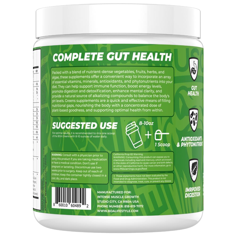BOA Greens Powder Pineapple Organic Superfood Supplement with Fruits & Veggie Blend, Antioxidant & Mushroom Blends - Supports Digestive Health, Gluten Free Non-GMO Vegan, Powder, 6.3 Ounce