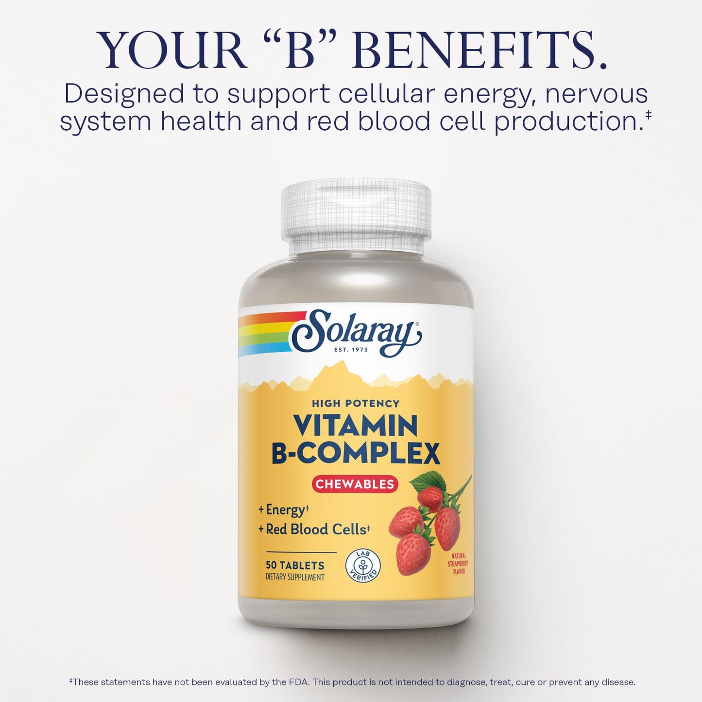 SOLARAY Vitamin B-Complex Tablets, Strawberry, Healthy Energy, Red Blood Cell, Stress & Metabolism Support, 100 Tablets