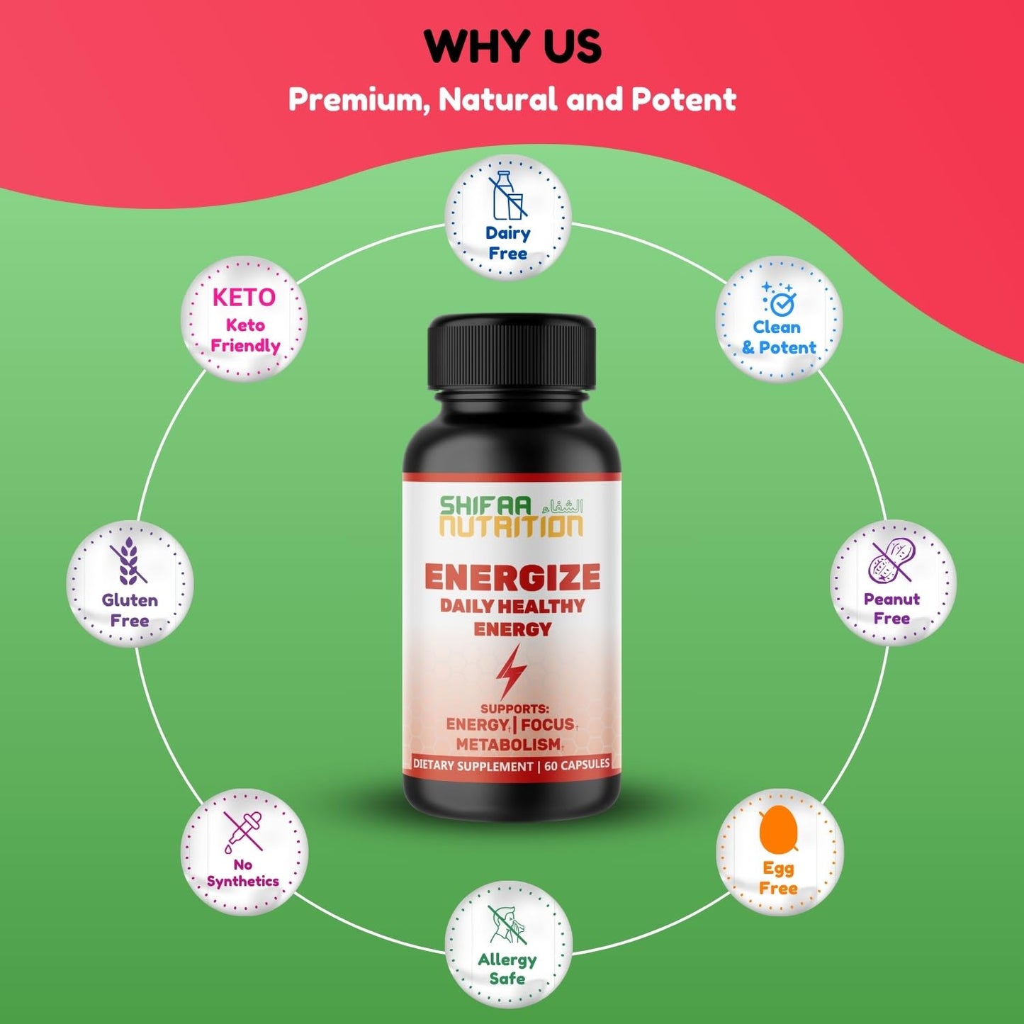 SHIFAA NUTRITION Energize Natural Daily Energy Vitamins Capsules, 60 Count