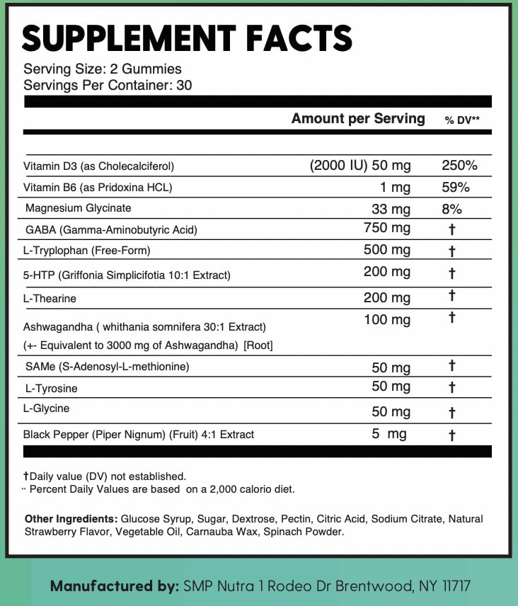 Unknown GABA + 5-HTP + SAM-e, L-Tryptophan, L-Theanine, Ashwagandha Gummies, 60 Count
