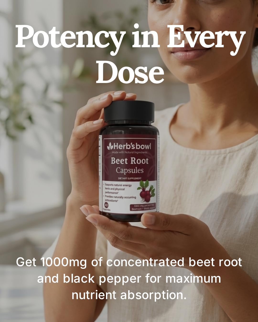 Herb'sbowl Beet Root Capsules, 1000 mg per Serving, with Black Pepper, Natural Energy Support, 60 Capsules