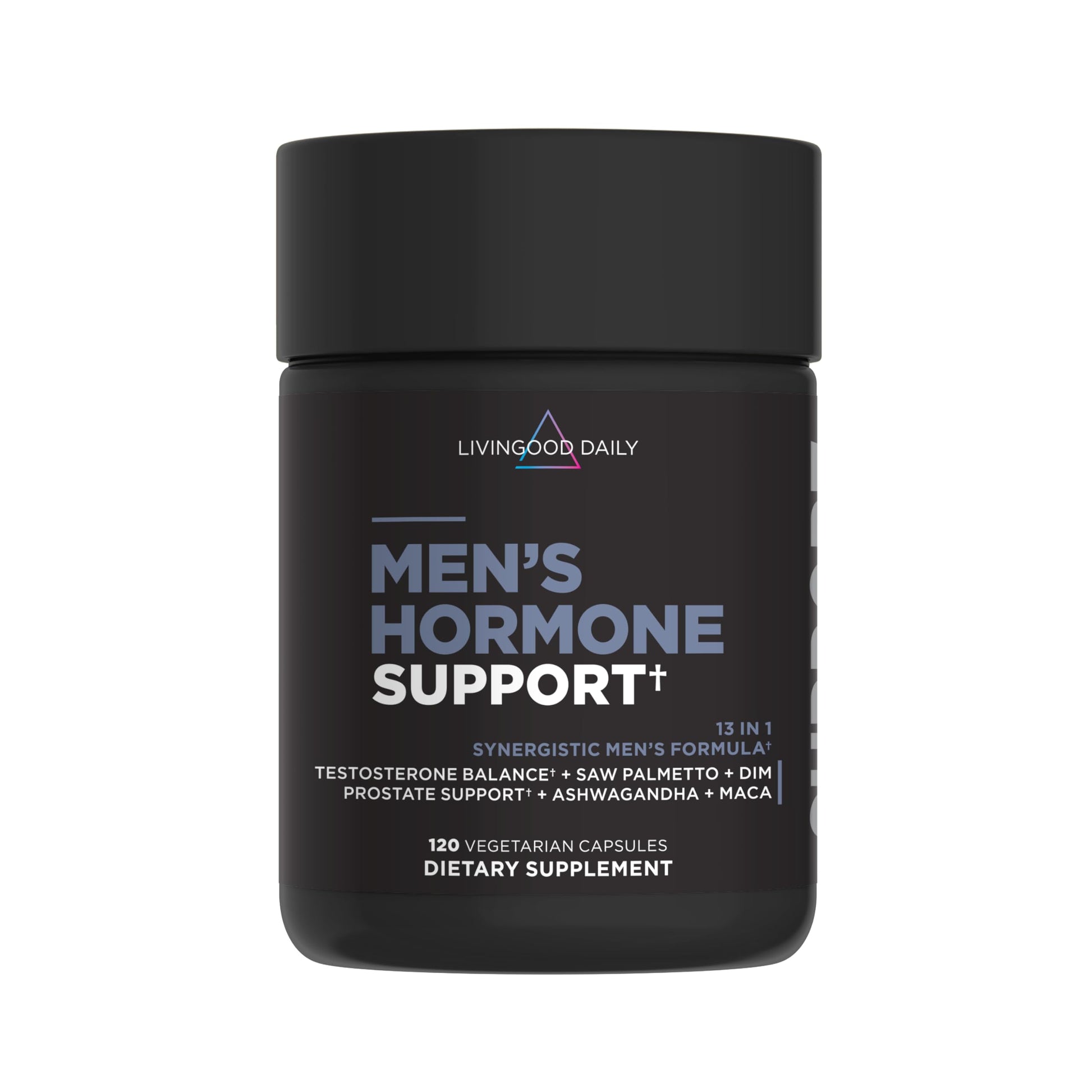 Livingood Daily Men's Hormone Support Supplement for Vitality & Balance, 14-in-1 Testosterone Booster for Men with Ashwagandha, Maca, DIM, Zinc, Saw Palmetto, Vitamin B12 & More, Vegan, 120 Capsules