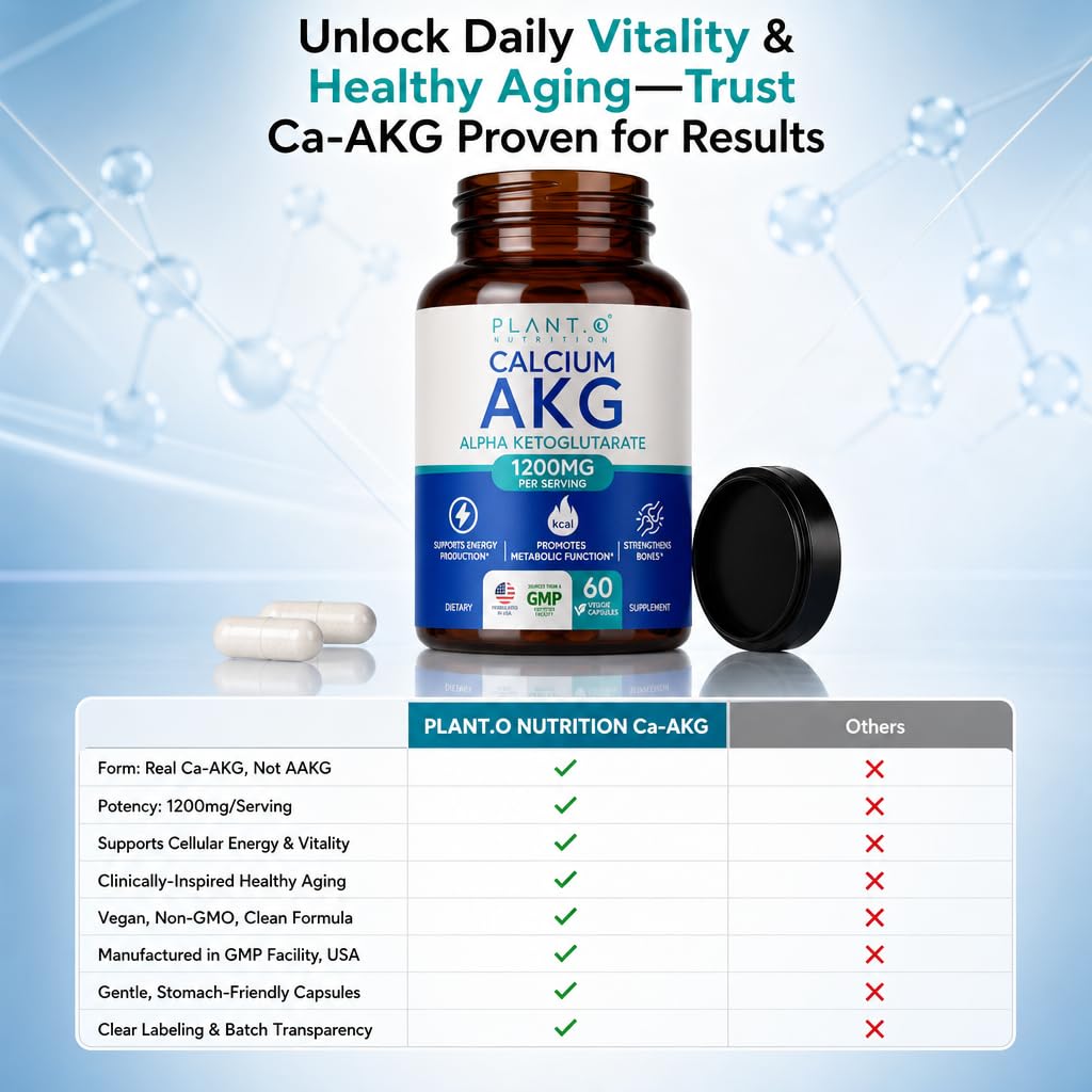 PLANT.O NUTRITION Calcium AKG (Ca-AKG) Monohydrate 1200mg Per Serving Calcium Alpha Ketoglutarate for Cellular Energy & Healthy Aging Support 60 Capsules