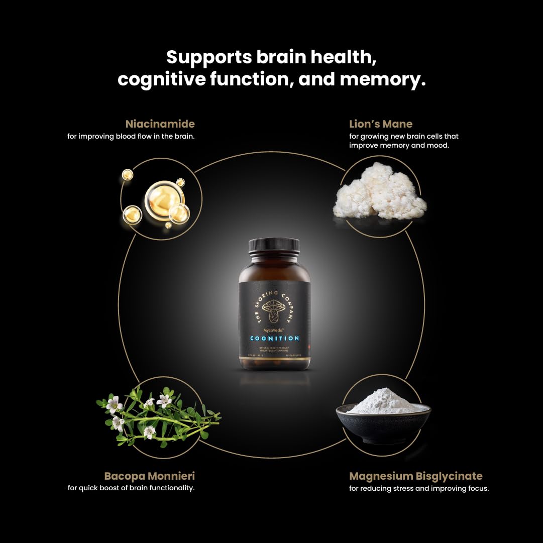 The Sporing Company Mycoveda Cognition Lions Mane Mushroom, Bacopa Monnieri Capsules, 60 Count