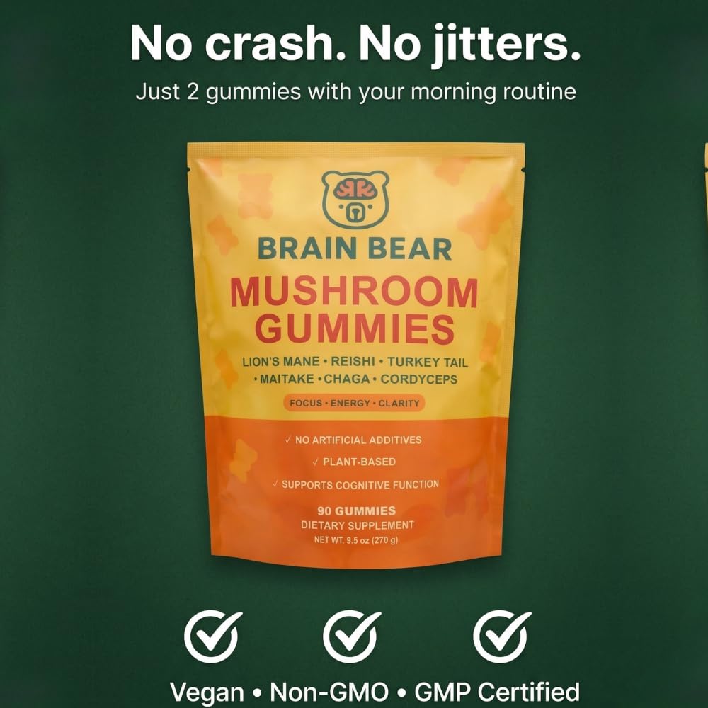 Brain Bear LLC Mushroom Gummies Lion’s Mane, Reishi, Cordyceps, Chaga, Maitake Gummy 90 Count
