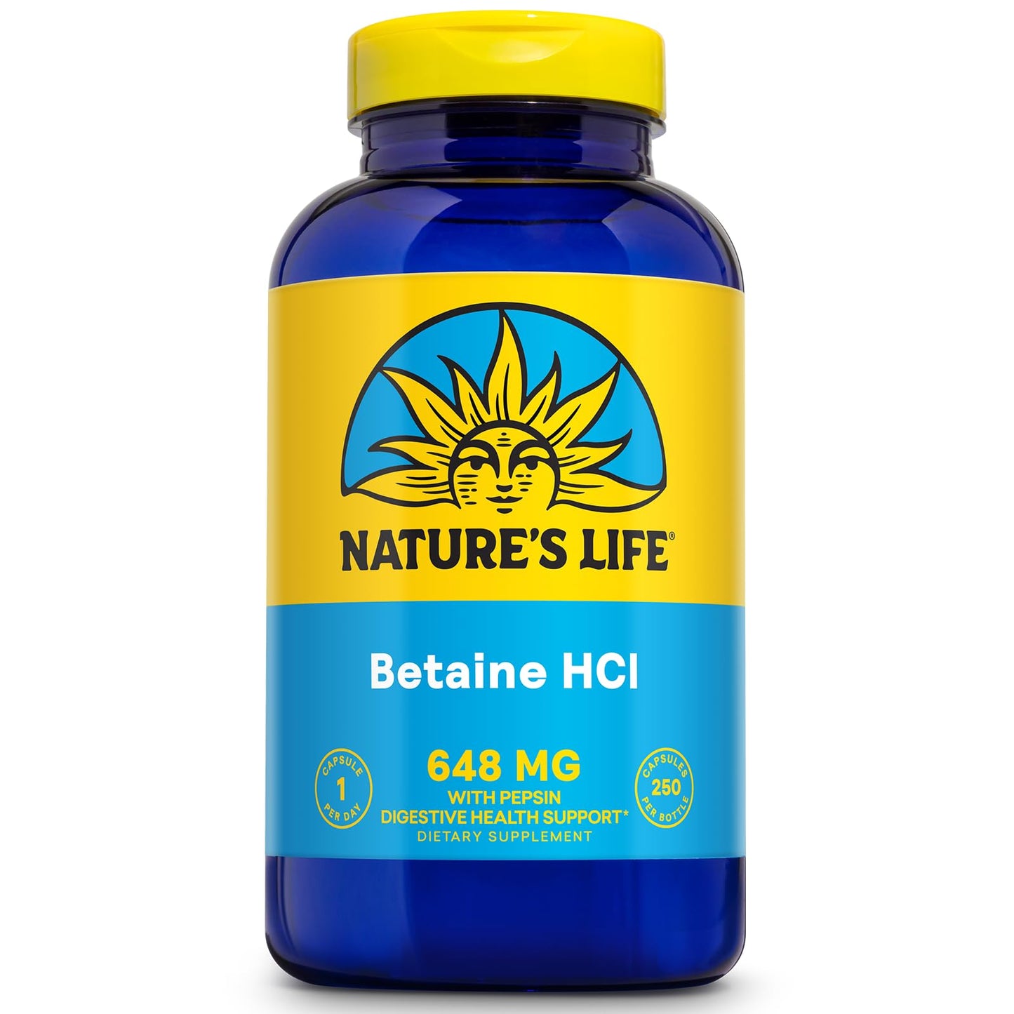 Nature's Life Betaine HCL with Pepsin - Digestive Health Formula with Digestive Enzymes for Gut Health Support - High Potency Hydrochloric Acid Supplement 250 Capsules