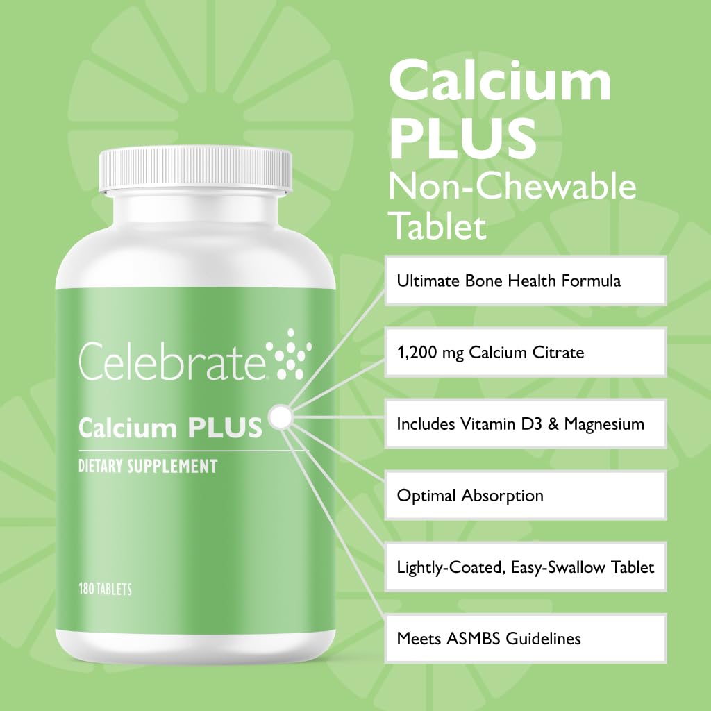 Celebrate Bariatric Supplements Calcium Plus 600mg Calcium Citrate, 600 IU Vitamin D3 & 50mg Magnesium for Post Bariatric Surgery, 180 Tablets