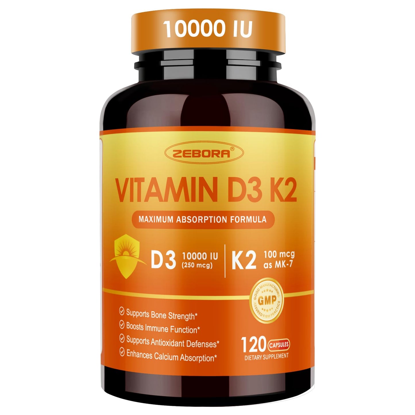 ZEBORA Vitamin D3 K2, 10,000 IU D3 & 100mg K2 Capsules, 120 Count