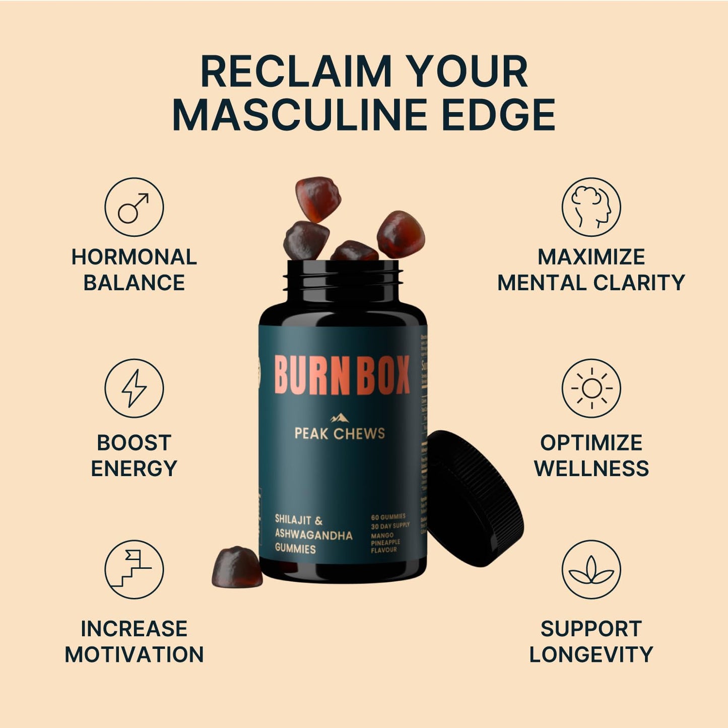 BURNBOX Shilajit & Ashwagandha Gummies for Men - Himalayan Shilajit & Fulvic Acid, Ashwagandha 600mg - Energy, Stamina & Daily Vitality - Mango Pineapple, Vegan, 60 Gummies