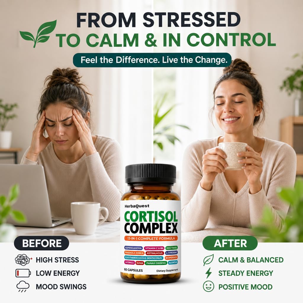 HerbaQuest Cortisol Reducer for Women – Rhodiola Rosea Supplement with Ashwagandha & L-Tyrosine, 13-in-1 Best Supplement to Reduce Cortisol, 60 Capsules
