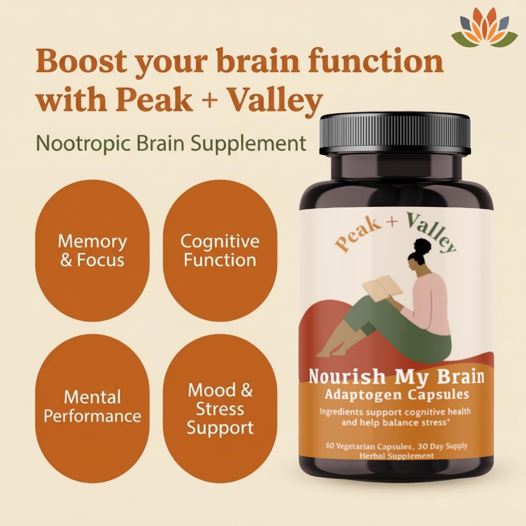 Peak + Valley Nootropic Brain Support Supplement for Memory & Focus with Lion's Mane Mushroom & Ashwagandha Capsules, 60 Count
