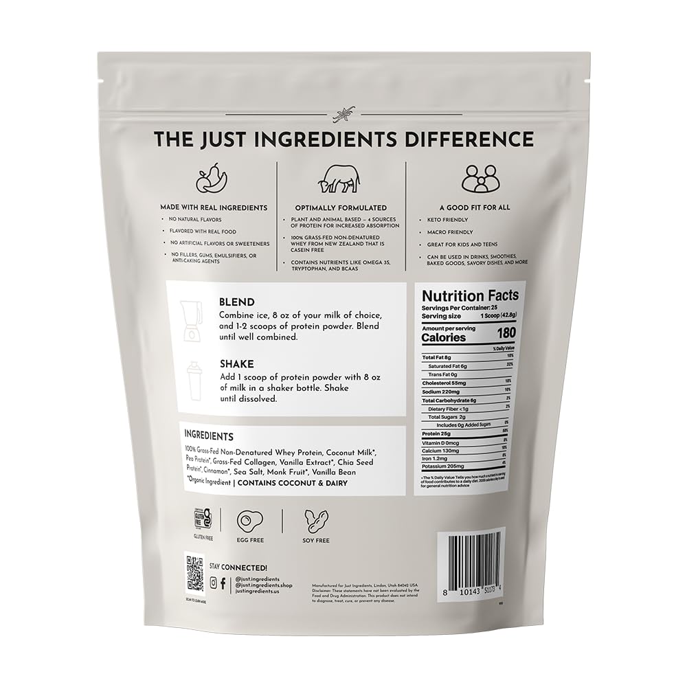 JUST INGREDIENTS Vanilla Bean Protein Powder, 25 Servings