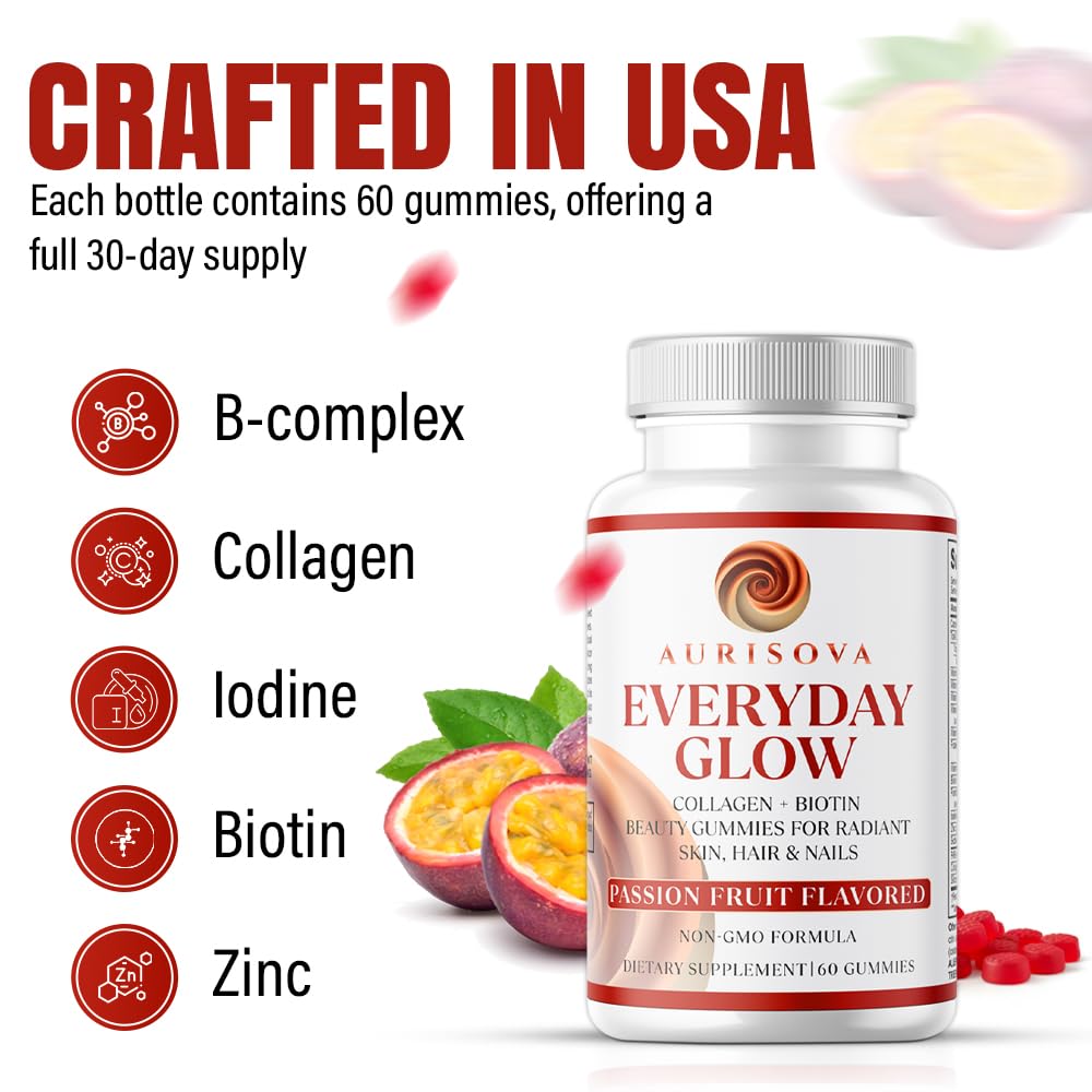 Aurisova Everyday Glow Biotin 6000mcg & Marine Collagen Gummies, 60 Count