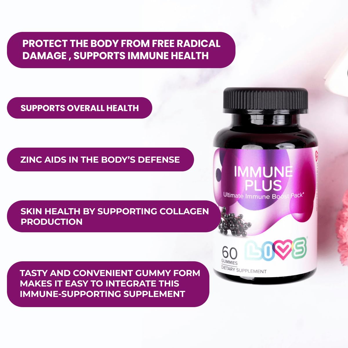 LIVS Immune Plus Gummies – Elderberry Extract with Vitamin C, D3, & Zinc, Gummy, 1 Count