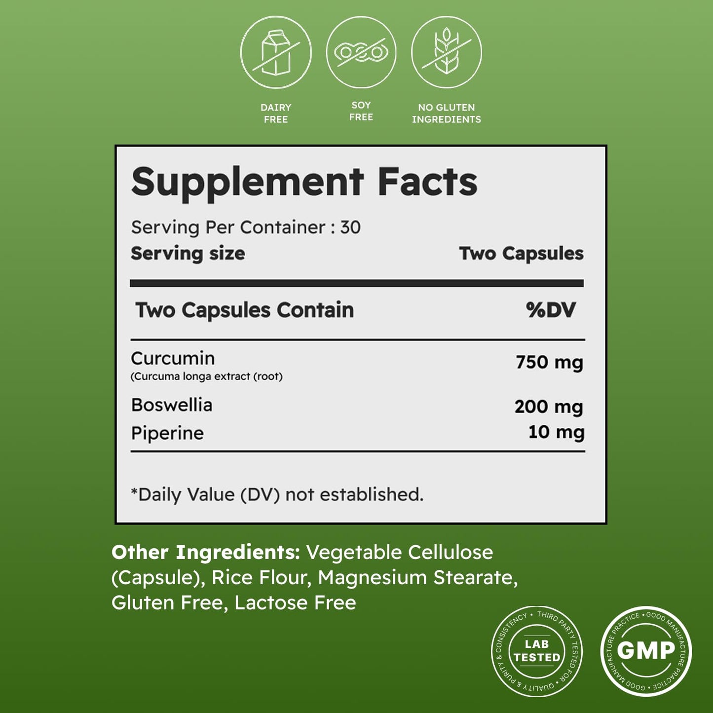 Green Life Org Turmeric Curcumin 750mg Capsule, 60 Count