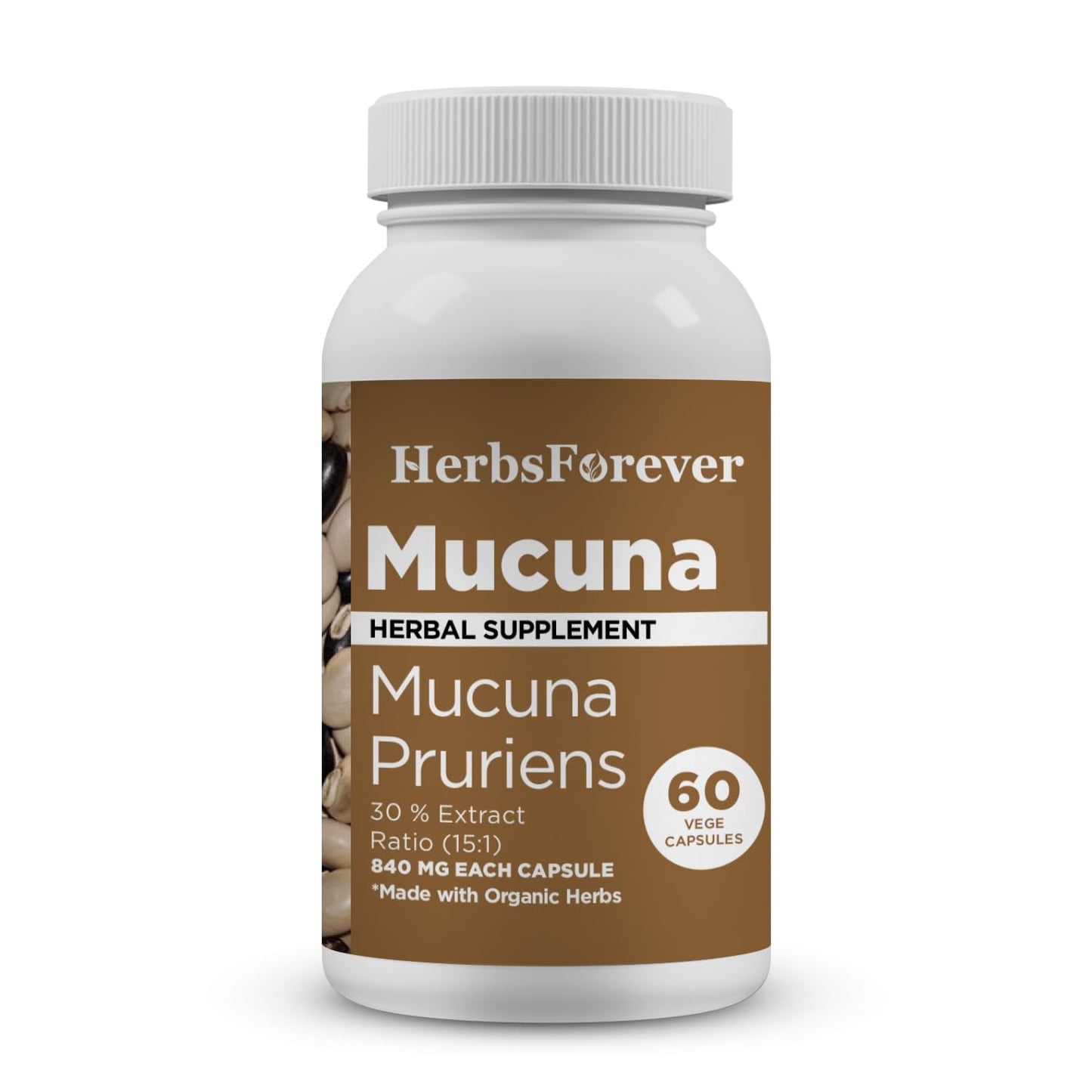 Herbsforever Mucuna Pruriens Extra Strength 15:1 Extract, Equiv. to 4990mg Seed Powder per Serving, Brain & Nervous Health, Body Mass Muscles (Natural 30% L-Dapa), 60 Veg Capsules