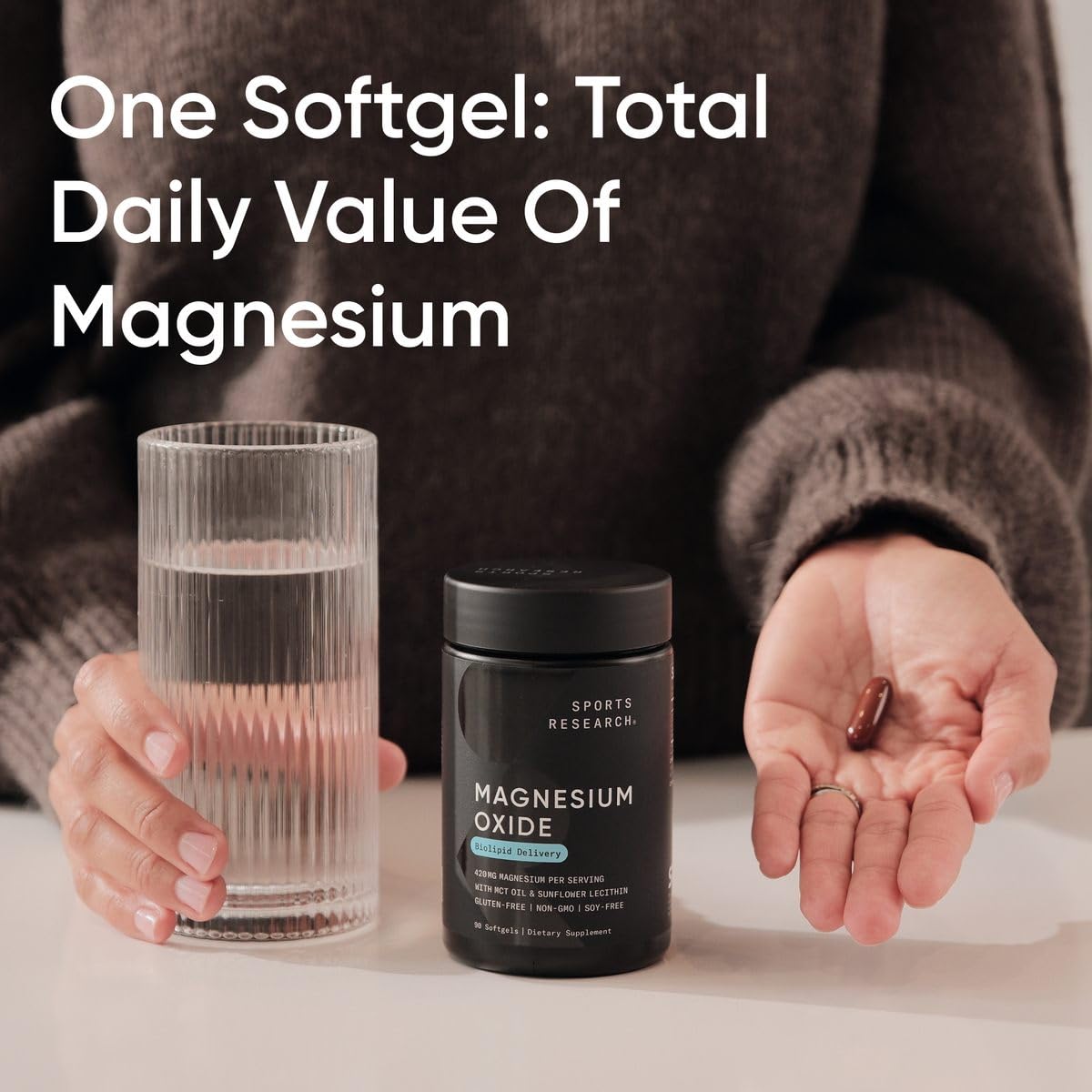 Sports Research Magnesium Oxide 420mg with Coconut MCT Oil Magnesium Supplement for Muscle, Nerve, and Bone Support, Gluten-Free, Non-GMO, 90 Softgels