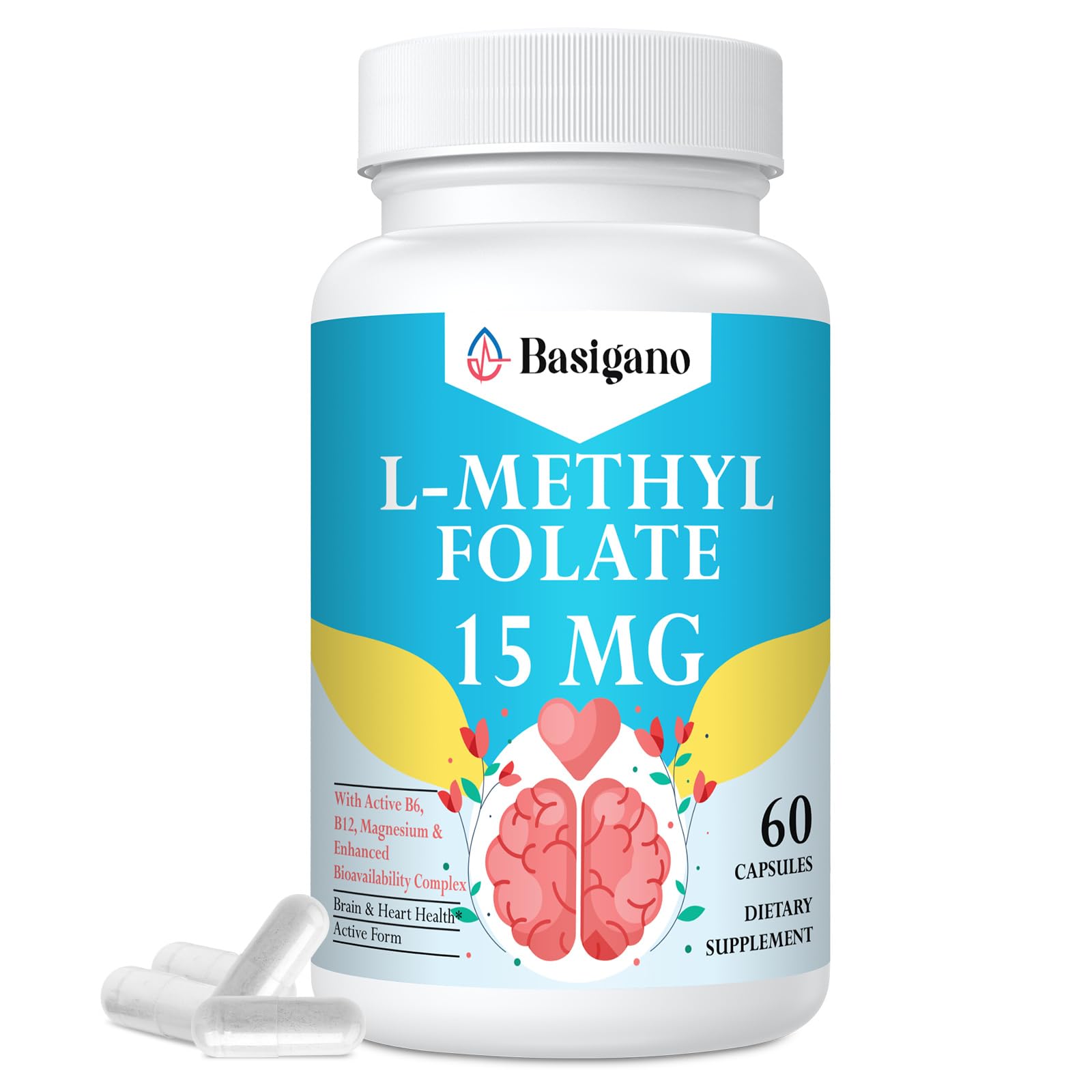 Basigano L Methylfolate 15mg (5-MTHF) - Active Folic Acid with B6 and B12, 60 Capsules
