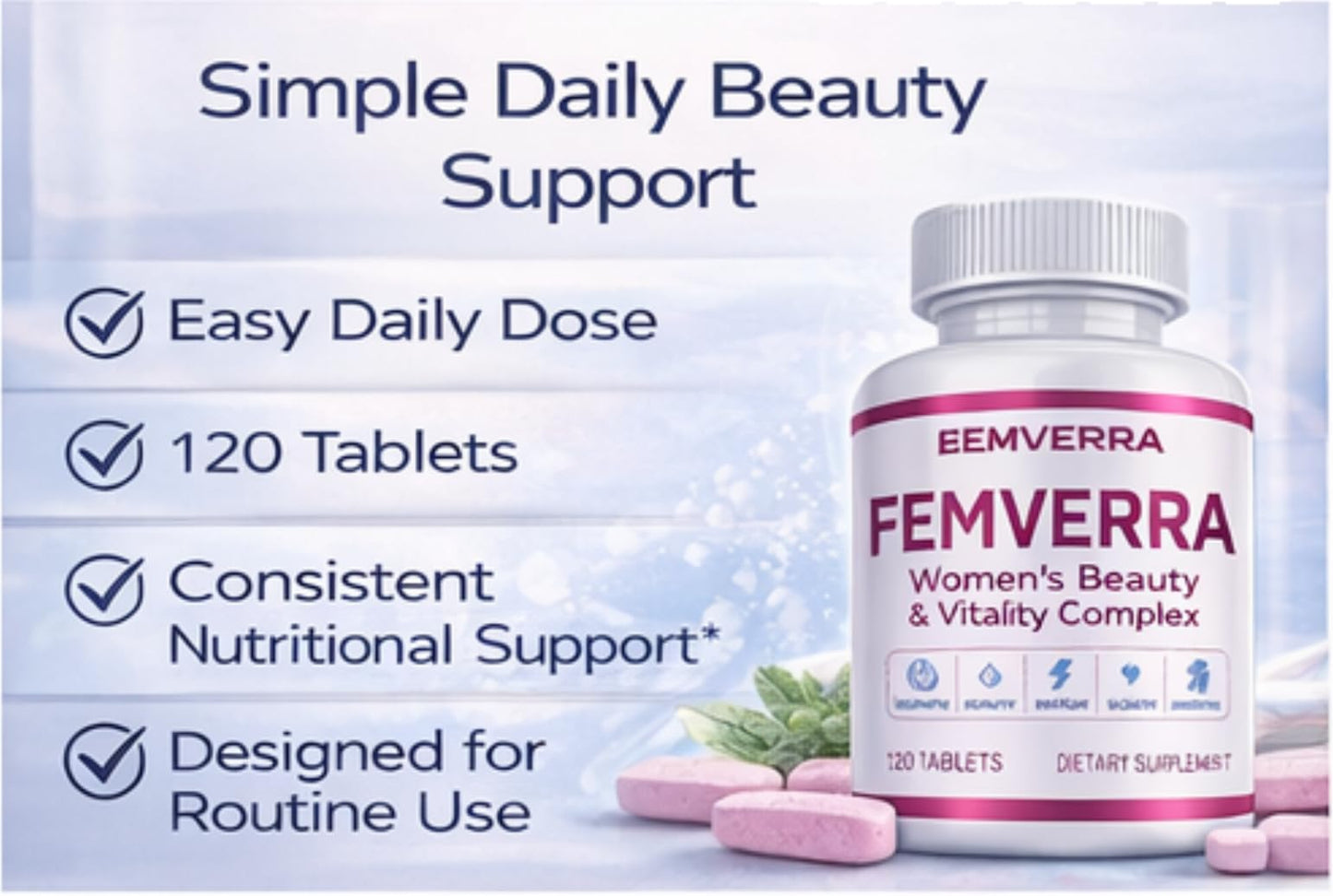 BEAUTIFYEM FEMVERRA Women 40+ Beauty & Anti-Aging Complex – Collagen, Vitamins, Amino & Herbal Extracts for Skin Elasticity, Hormone Balance, Curves & Energy – Support a Youthful Glow, Firm Curves & Vitality 120 Tablets