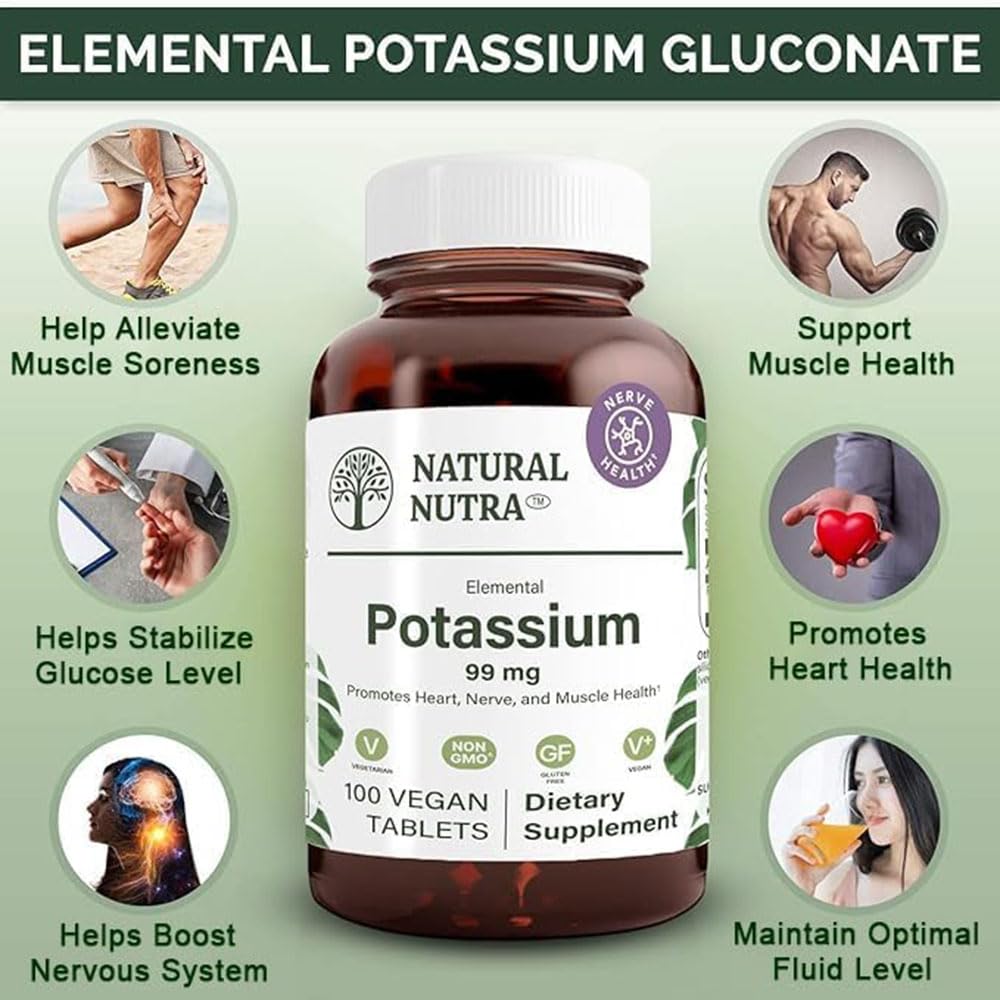 Natural Nutra Elemental Potassium Gluconate 99 mg Dietary Supplement Tablet, 100 Tablets