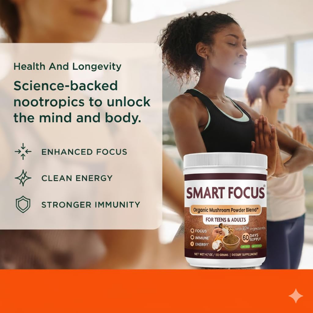 Smart Focus Lion’s Mane Mushroom Powder Organic, Chaga, Reishi & Cordyceps — Mushroom Chocolate Powder — Brain Health & Focus Support — 4 oz