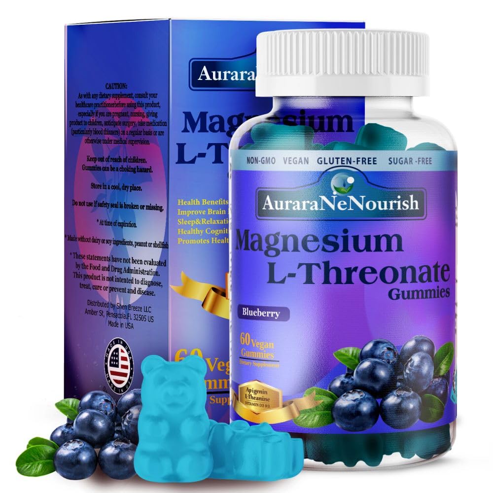 AuraraNeNourish Magnesium L-Threonate Gummies with Apigenin L-Theanine, 60 Count