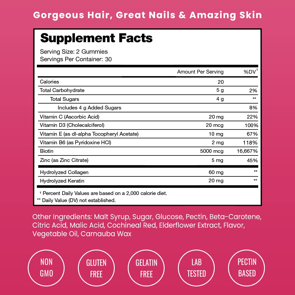 NutraChamps Biotin Gummies 5000mcg with Collagen, Keratin & More – Hair Skin and Nails – 60 Gummies