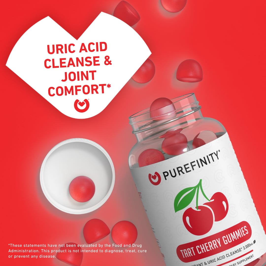 PUREFINITY Tart Cherry Gummy - Uric Acid Flush for Joint Relief & Recovery, Raw Juice Extract Antioxidant - Non-GMO, Gluten Free, Vegan, 60 Gummies