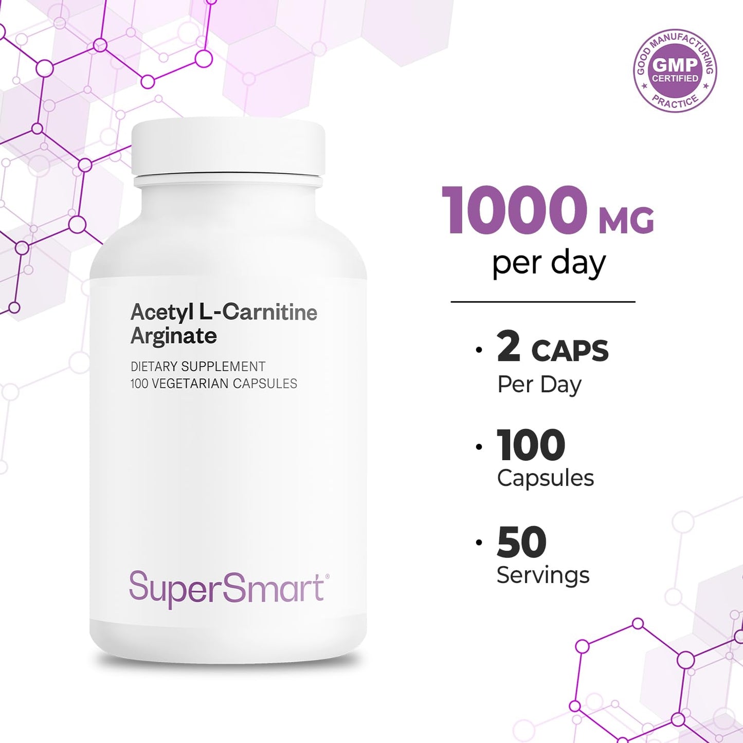 Supersmart Acetyl L Carnitine Arginate 1000 mg Per Day Capsules, 120 Capsules