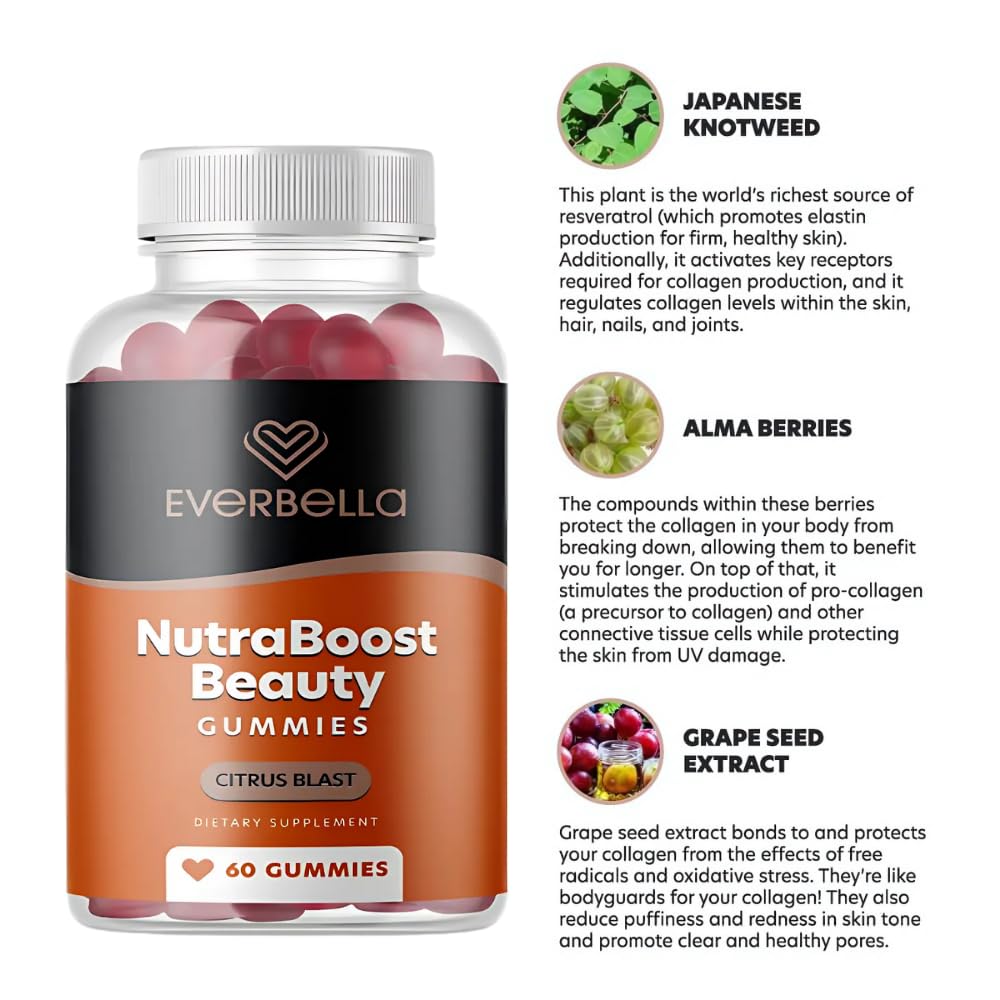EVERBELLA Nutraboost Beauty Gummies, Biotin (Vitamin B7), Vegan Collagen Booster, Skin Hair & Nails, Vitamins A, E, C, Citrus Flavor, 60 Gummies