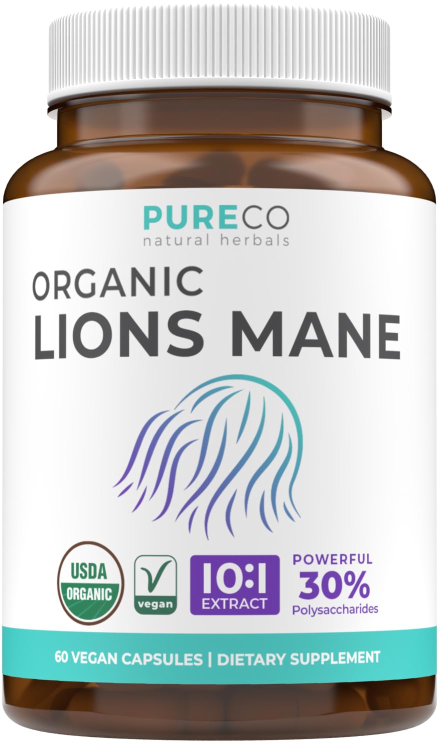 PURE CO Organic Lions Mane Supplement, 60 Capsules