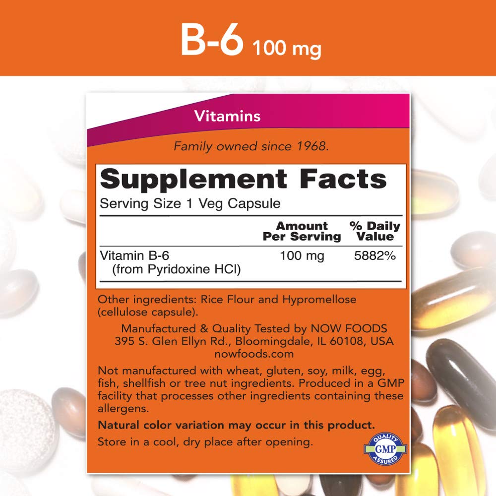 NOW Foods Vitamin B-6 100mg Capsules, 500 Count