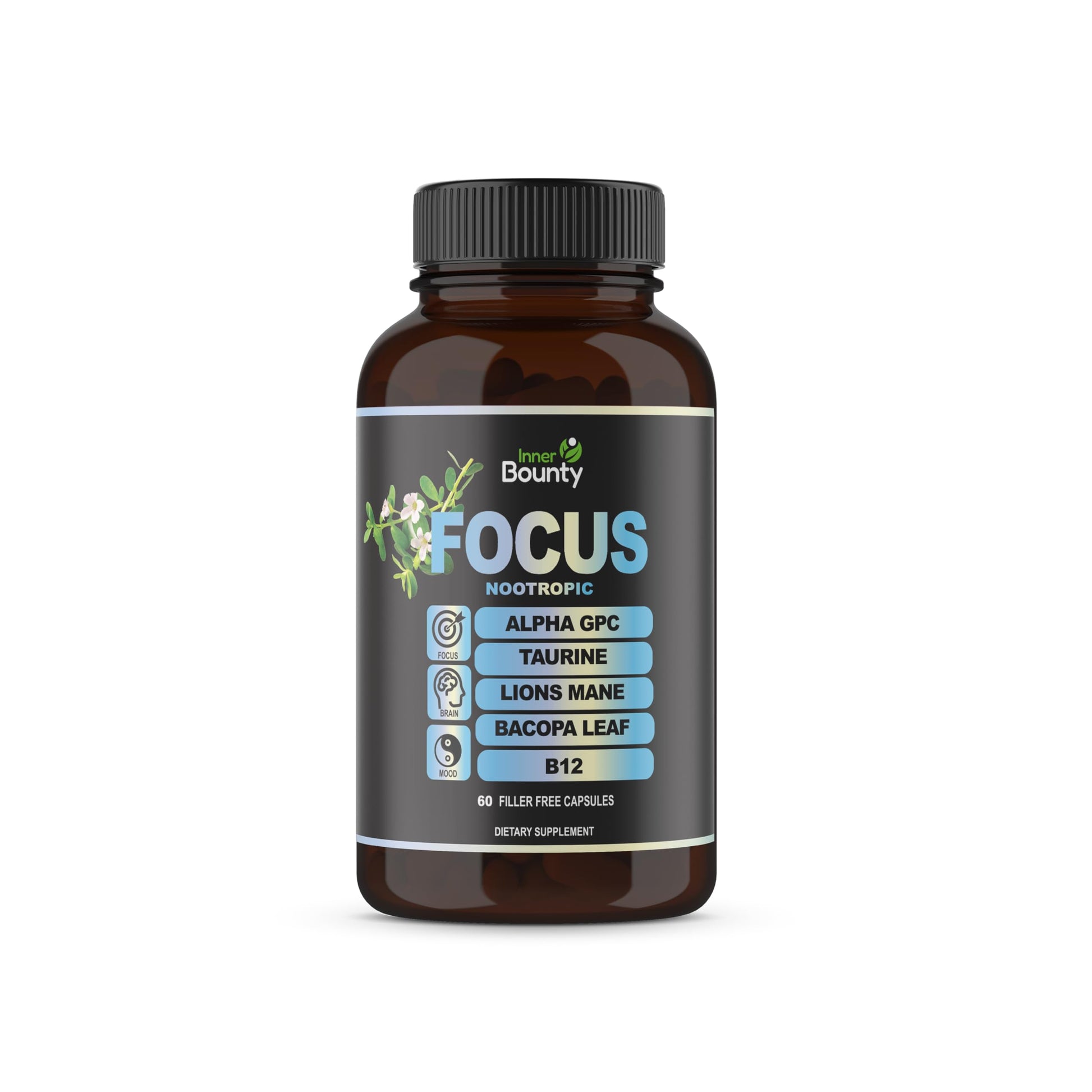 Inner Bounty Focus 14-in-1 Nootropic Brain Supplement with Lions Mane, Alpha GPC Choline, Vitamin C & B12, Taurine, Bacopa - Energy, Cognitive, Memory Support Capsule, 60 Count
