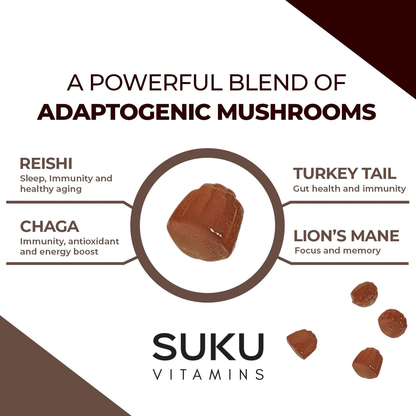 SUKU Super Mushroom - Reishi Chaga, Turkey Tail & Lions Mane Blend Gummies for Immunity Espresso Decaffeinated Flavored 50 Gummies