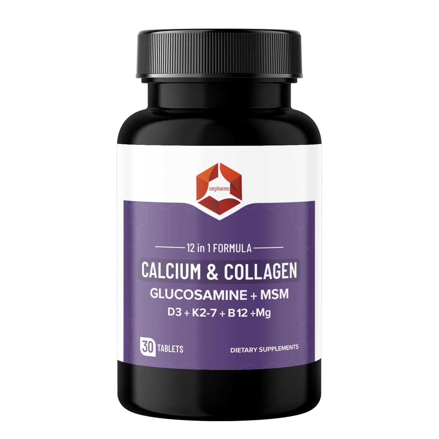 Onpharno 12-in-1 Calcium & Collagen Supplement – Glucosamine, MSM, D3, K2-7, B12, Magnesium – 30 Tablets