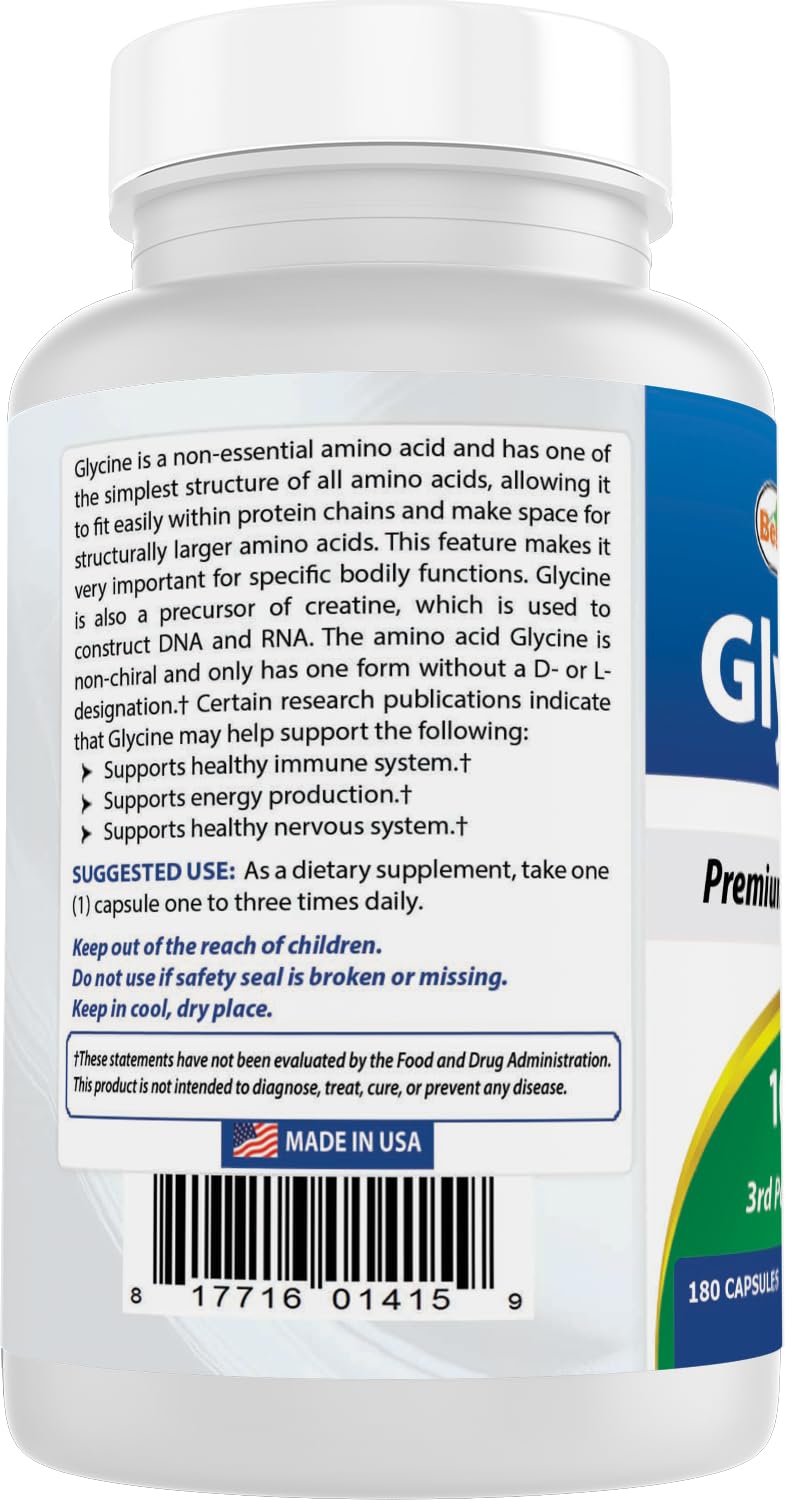 Best Naturals Glycine Supplement 1000 Mg Capsules, 180 Count