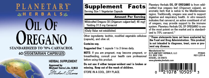 Planetary Herbals Oil of Oregano Capsule 120 Count