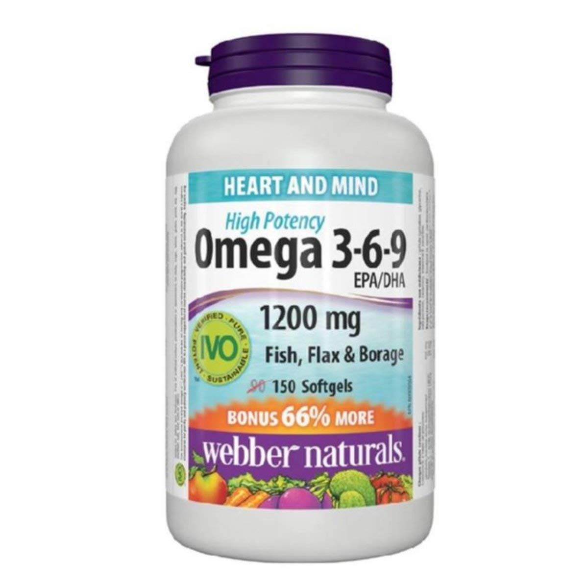 Webber Naturals Omega 3-6-9 High Potency 1200 mg Fish, Flax & Borage Softgel 150 Count