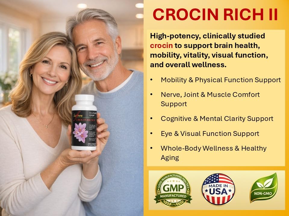 Saffron Health Sciences Crocin Rich II Mobility & Nerve Support Supplement – High-Potency Crocin (Saffron Active Compound), Tablets, 30 Count