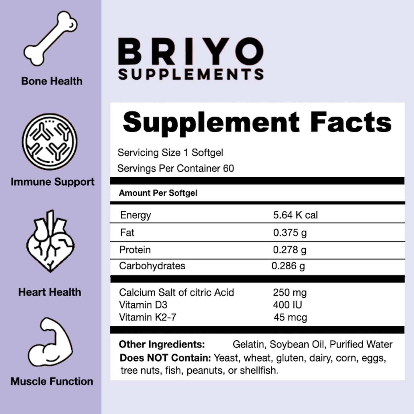 Briyosis Orthomax Vitamin D3 & K2-M7 + Calcium Dietary Supplement Capsules, 60 Capsules