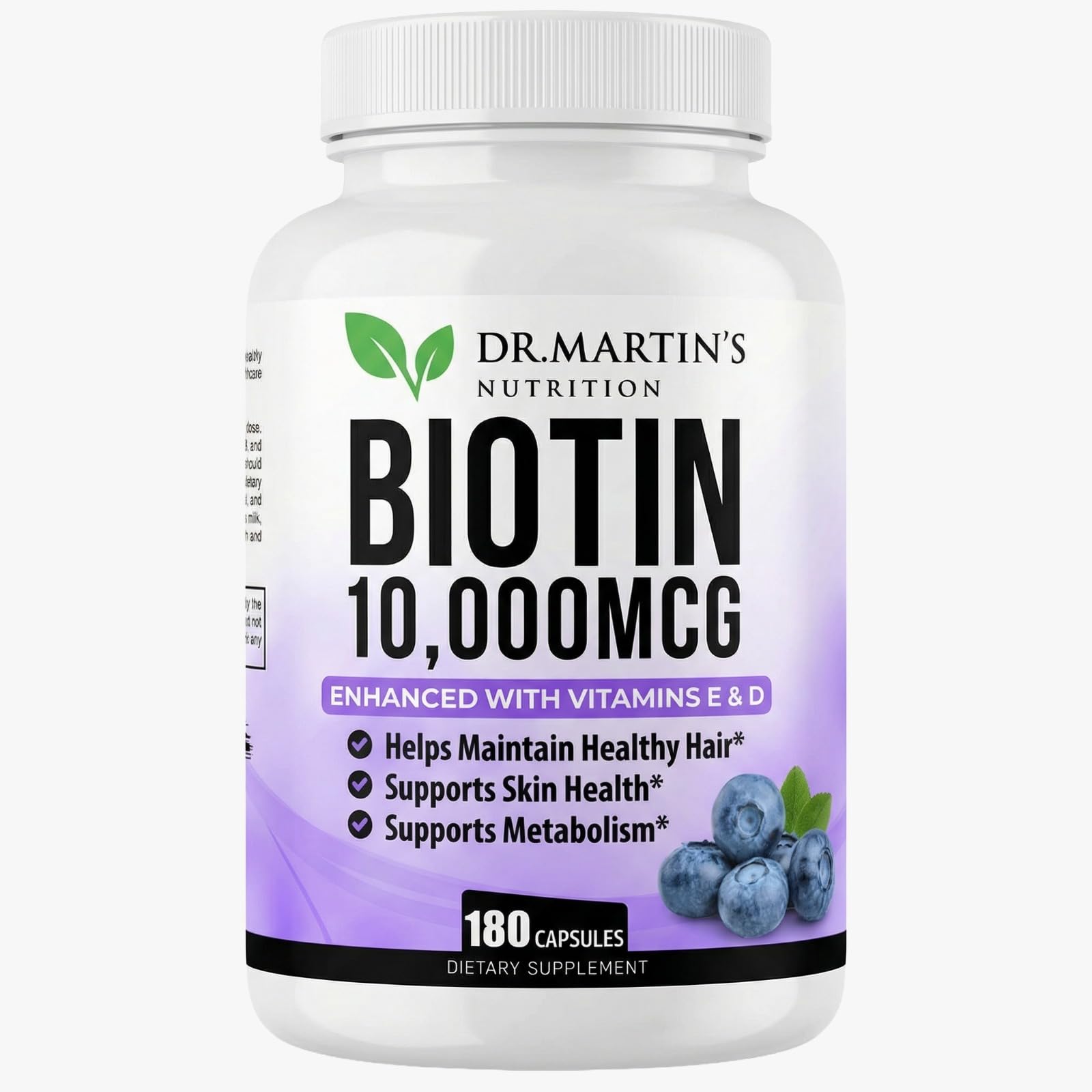 Dr. Martin's Nutrition Biotin 10000mcg Hair Skin & Nails Vitamins with Vitamin D3 & E, 180 Capsules