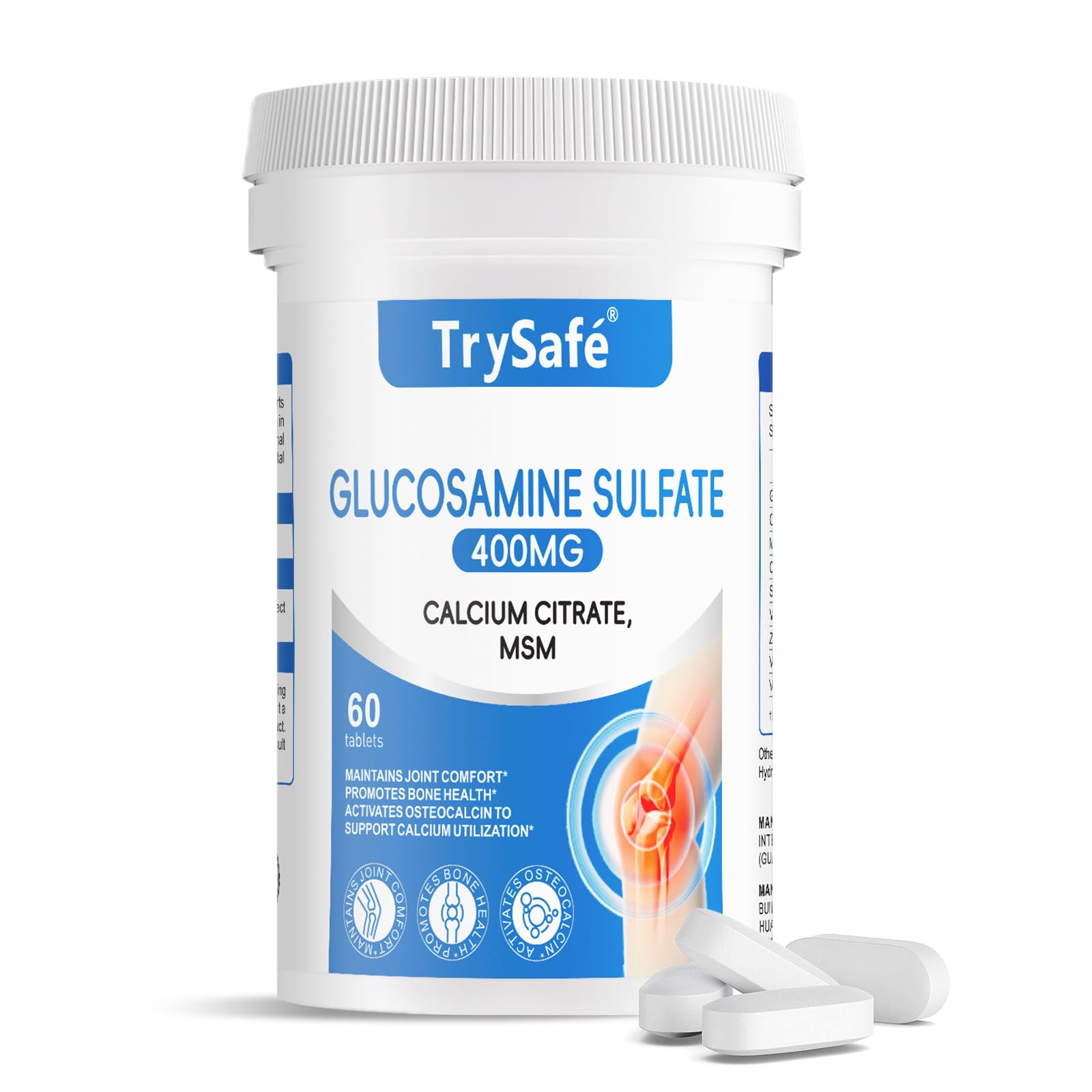 TrySafe 600mg Glucosamine Chondroitin MSM Supplement for Joint & Bone Support 60 Capsules