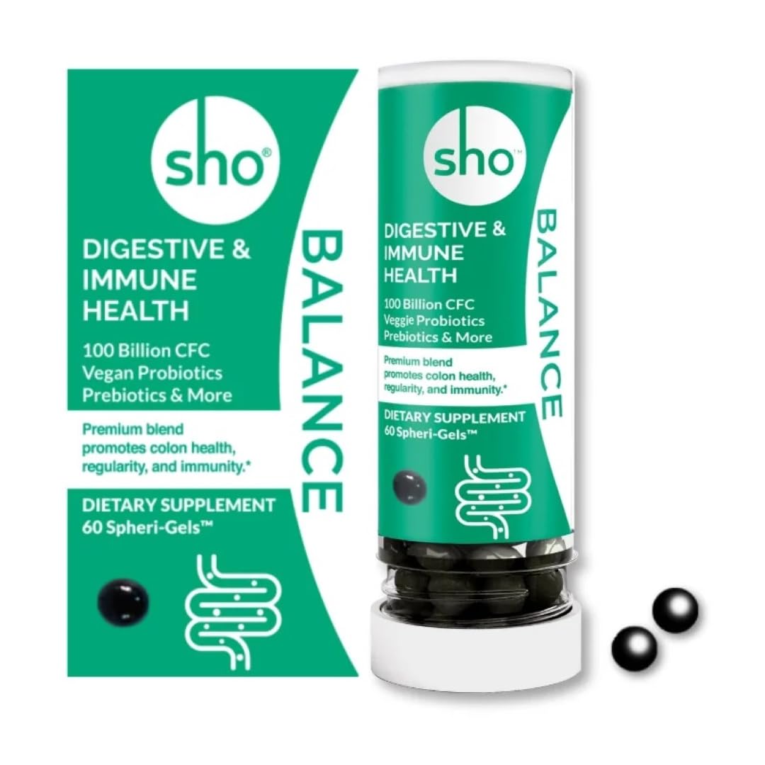 SHO Balance 100 Billion CFU Vegan Probiotics and Prebiotics Including Lactobacillus Casei Softgel, 60 Softgels