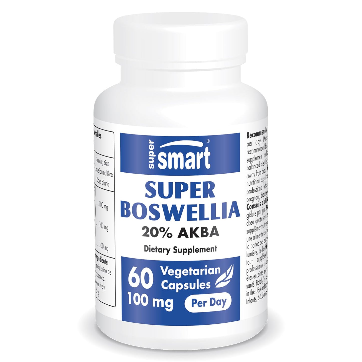 Supersmart Super Boswellia Extract 100mg per Day (Patented & High Strength) ApresFlex Boswellia Serrata Supplement 20% AKBA, Non-GMO & Gluten Free, 60 Vegetarian Capsules