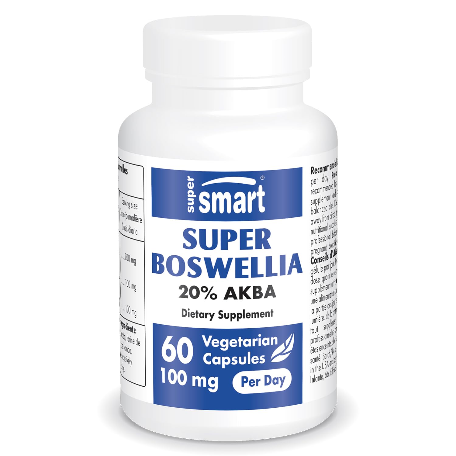 Supersmart Super Boswellia Extract 100mg per Day (Patented & High Strength) ApresFlex Boswellia Serrata Supplement 20% AKBA, Non-GMO & Gluten Free, 60 Vegetarian Capsules