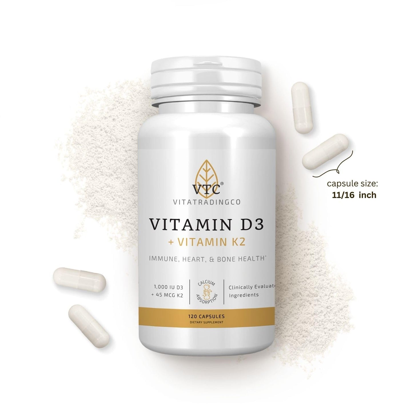 VTC VitaTradingCo. Vitamin D3 + K2 1000iu D3 + 45mcg MK-4 K2 Capsules, 120 Capsules