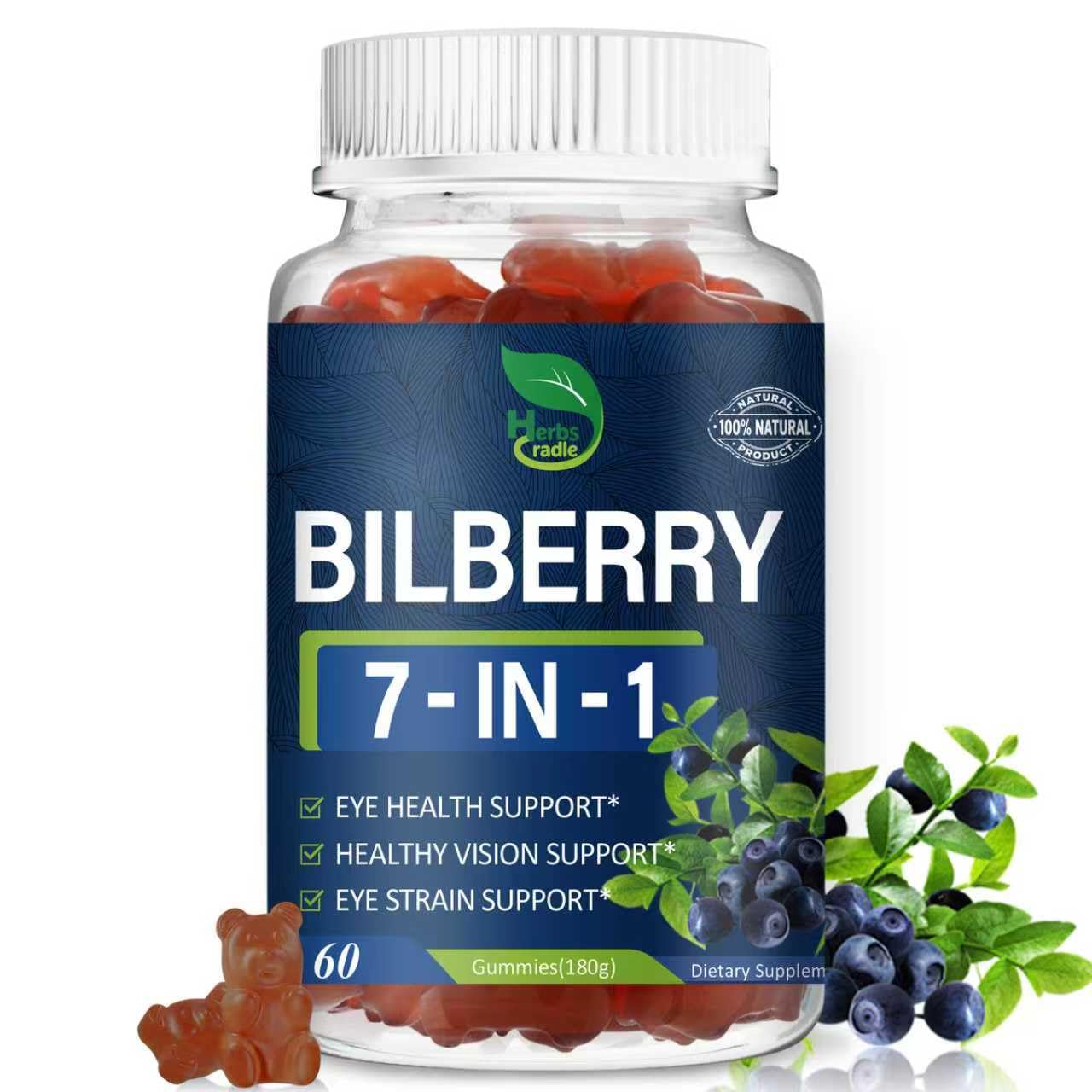 Herbscradle Bilberry Extract Gummies for Eye Health Support, 7-in-1 Herbal Supplement with Lutein & Zeaxanthin, 60 Count